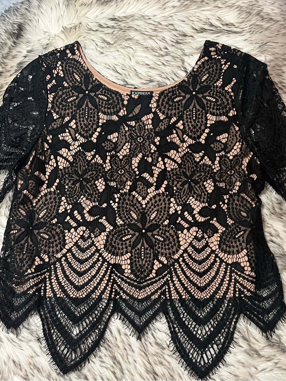 Express Black Lace Overlay Top with Nude Underlay